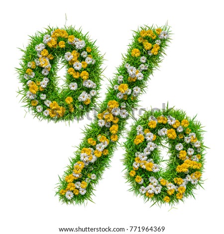 Percent Sign of Green Grass And Flowers, isolated on white background. 
