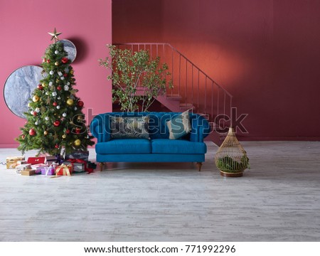 Modern living room decorated for Christmas and new year interior with dark red background Christmas tree and dark blue sofa merry Chrsitmas style