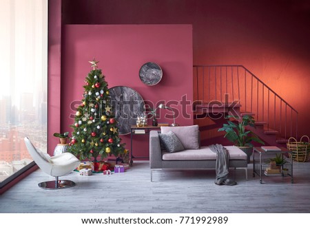 Decorative living room interior concept white chair and modern grey sofa with blanket prepared for Christmas concept modern room