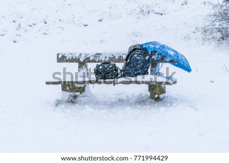 wooden bench chair in a park completely cover with snow after a blizzard during the winter christmas holidays, a backpack bag, umbrella, camera tripod and a small bag on the chair.