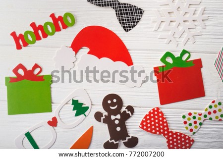 abstract new years concept of paper photo booth, celebration merry christmas background