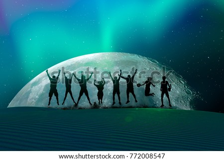Silhouette of friends jumping at aurora with moon "Elements of this image furnished by NASA "