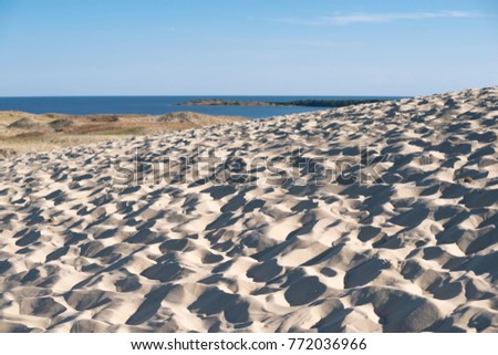 chaotic pattern of sand dunes with Baltic sea on background