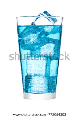Glass of blue energy carbonated water soda drink with ice on white background