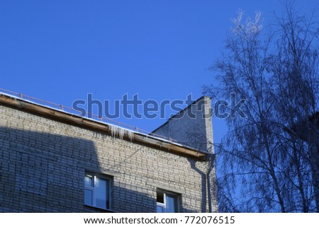 The tops of trees, branches covered with white frost and snow against the background of a colorful blue sky and the roof of a building with windows. Winter holiday background