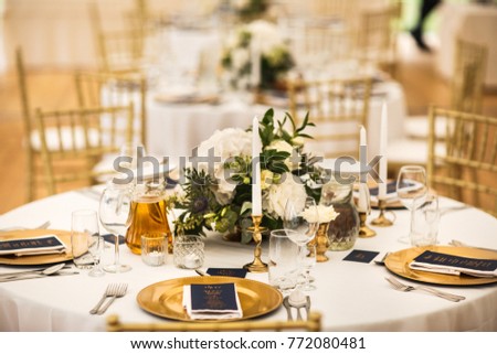 Table set for wedding or another catered event dinner. Royalty-Free Stock Photo #772080481