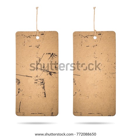 Hanging cardboard label with rope isolated on white background. Brown paper tags for your design.