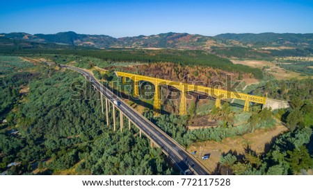 The Malleco viaduct is a Chilean railway bridge located on the Malleco River, in the city of Collipulli, Araucanía Region. With its 102 meters high, it is the second highest bridge in Chile Royalty-Free Stock Photo #772117528