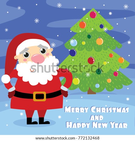 Christmas card design with funny Santa Claus and Christmas tree. Merry Christmas. New Year.