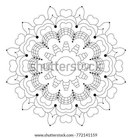 vector black and white circular flower mandala with hearts - adult coloring book page

