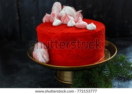 Cake Red velvet decorated them with marshmallows on a dark background, selective focus.