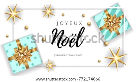 Christmas Noel modern white background with gifts box with a gold bow. Template for postcard, booklet, leaflet, poster. Vector illustration EPS10 congratulation French text Joyeux Noel