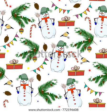 winter christmas and Happy New Year winter holiday seamless pattern with snowmen, christmas tree, gift boxes and garland.