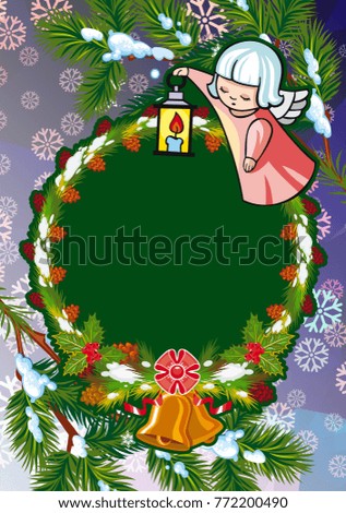 Christmas holiday card with pine branches, sweet little angel and wreath. Copy space. Raster clip art.