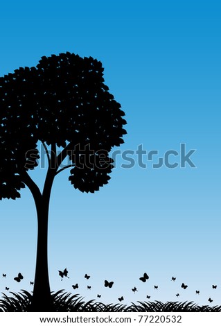 Silhouette of a vector tree on a blue background