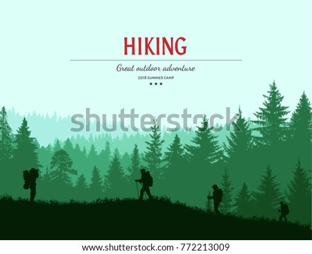 Abstract background. Forest wilderness landscape. People with backpacks silhouettes. Template for your design works. Hand drawn vector illustration.
