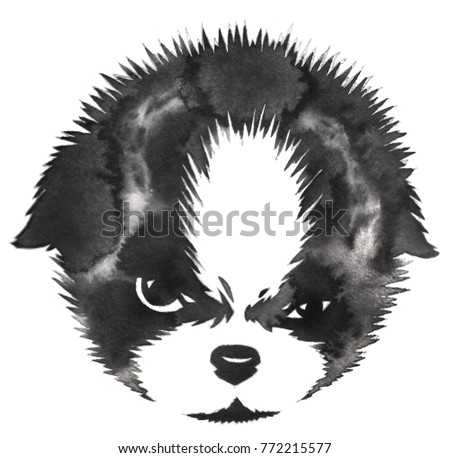 black and white monochrome painting with water and ink draw dog illustration