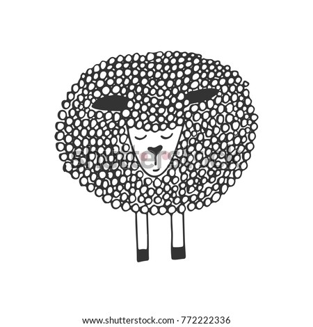 Cute hand drawn nursery poster with unique little sheep in scandinavian style. Monochrome vector illustration
