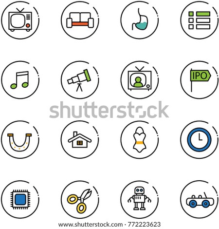 line vector icon set - tv vector, vip waiting area, stomach, menu, music, telescope, news, ipo, luck, home, swimsuit, clock, cpu, scissors, robot, toy car