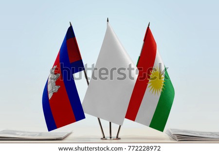 Flags of Cambodia and Kurdistan with a white flag in the middle