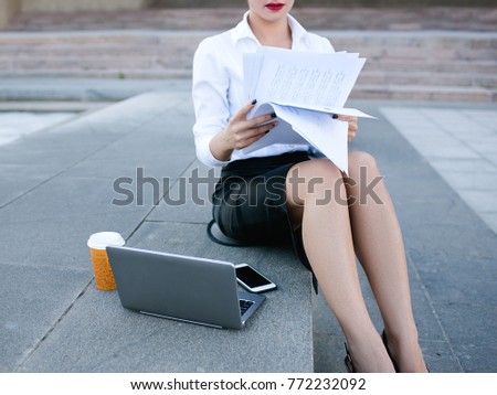 business woman secretary lifestyle laptop outdoor paper work proccess concept