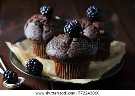 Chocolate muffins decorated with blackberry on dark-brown background. Closeup. Photo in low-key.