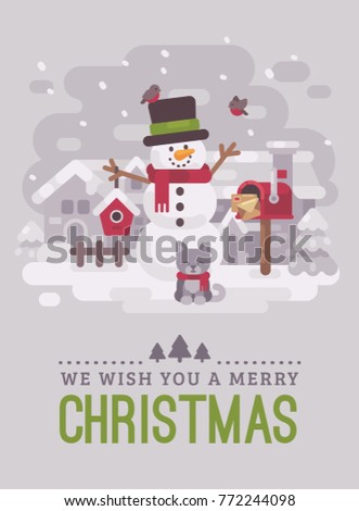 Happy snowman with kitten, mailbox and birdhouse in a snowy winter village. Christmas greeting card flat illustration. We wish you a Merry Christmas