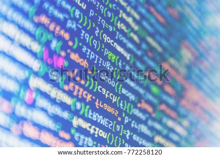 IT coding on monitor screen. Young business crew working with startup. Abstract source code background. Programming code abstract screen of software developer. 