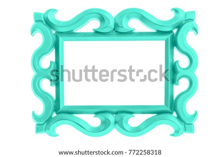Modern plastic bright color picture frame with antique styling isolated on white background.