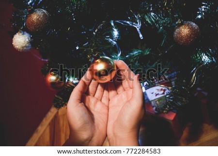 Beautiful decorated Christmas tree. Christmas Ornaments Hanging on Tree. Christmas background