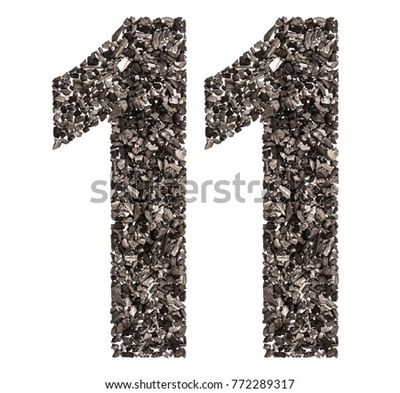 Arabic numeral 11, eleven, from black a natural charcoal, isolated on white background