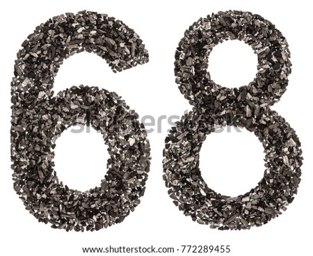 Arabic numeral 68, sixty eight, from black a natural charcoal, isolated on white background