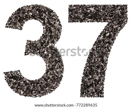 Arabic numeral 37, thirty seven, from black a natural charcoal, isolated on white background