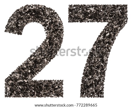 Arabic numeral 27, twenty seven, from black a natural charcoal, isolated on white background