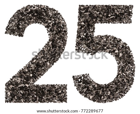 Arabic numeral 25, twenty five, from black a natural charcoal, isolated on white background