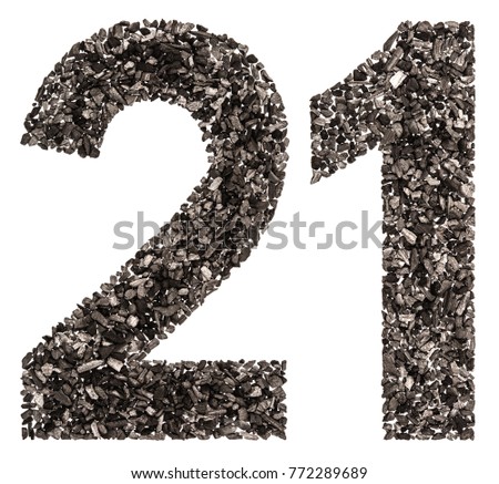 Arabic numeral 21, twenty one, from black a natural charcoal, isolated on white background