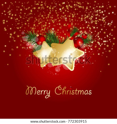 Christmas background with fir branches and gold stars with decorations. Vector illustration eps 10