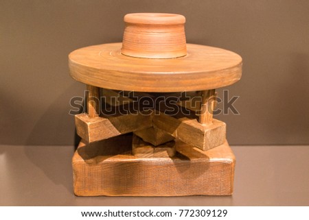 Reconstruction of primitive potter wheel. Brought by Phoenician people to Iberian Peninsula during 9th Century BC  