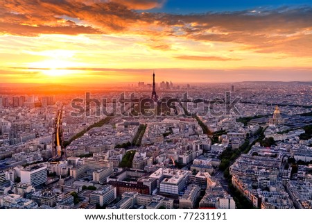 Aerial view of Paris at sunset