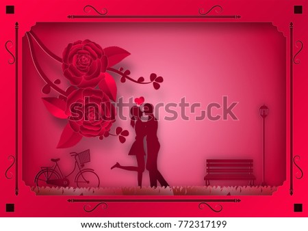 Paper art style of rose flowers and vines on pink background In the frame with man and woman in love. vector illustration