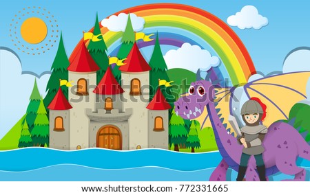 Knight and dragon at the castle illustration