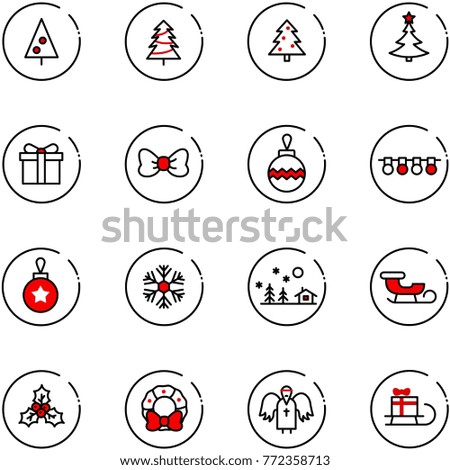 line vector icon set - christmas tree vector, gift, bow, ball, garland, snowflake, landscape, sleigh, holly, wreath, angel
