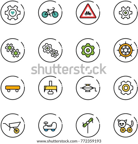 line vector icon set - heart gear vector, bike, road for moto sign, gears, hand wheel, skateboard, milling cutter, jack, wheelbarrow, baby car, toy windmill, cat