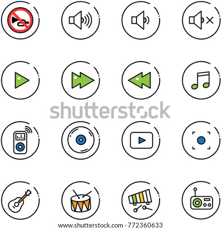 line vector icon set - no horn vector road sign, volume max, low, off, play, fast forward, backward, music, player, cd, playback, record button, guitar, drum, xylophone, radio