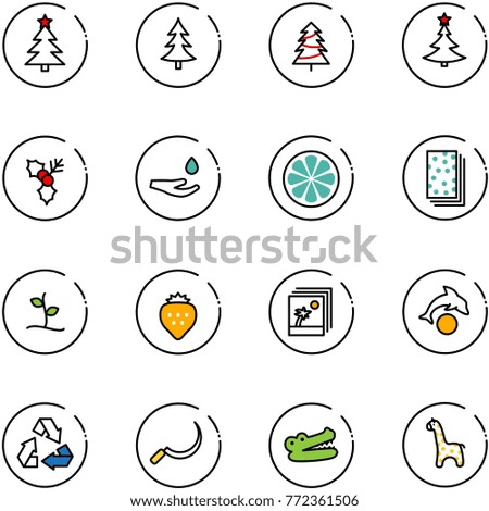 line vector icon set - christmas tree vector, holly, drop hand, lemon slice, breads, sproute, strawberry, photo, dolphin, recycling, sickle, crocodile, toy giraffe