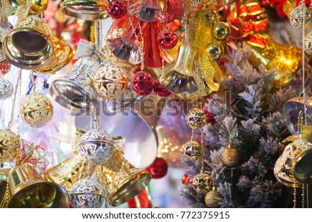 Christmas tree background and Christmas decorations with snow, blurred, sparking, glowing, ball, toy, gilf , light, Happy New Year and Xmas theme