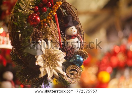 Christmas tree background and Christmas decorations with snow, blurred, sparking, glowing, ball, toy, gilf , light, Happy New Year and Xmas theme