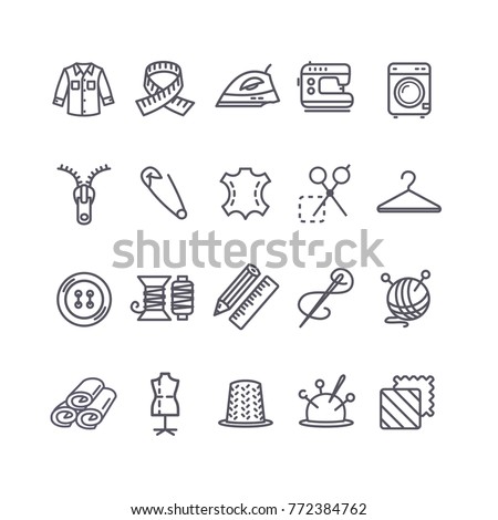Sewing and Needlework Tool Black Thin Line Icon Set Include of Cloth, Iron, Pin and Button. Vector illustration Royalty-Free Stock Photo #772384762