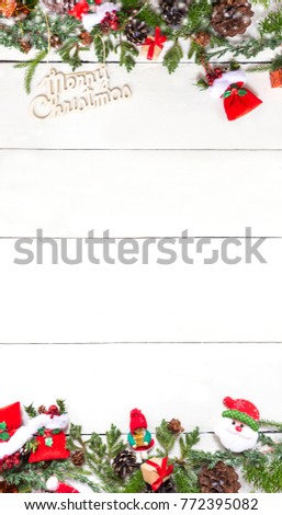 Christmas and New Year on white. Copy space for text on wood background. Flay lay photo