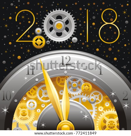 Merry Christmas and Happy New year 2018 flyer. Greeting card design with clockwork, cogwheel, minute, hour hand, vintage clock element black background. Gold silver icon, text letter, golden stars sky